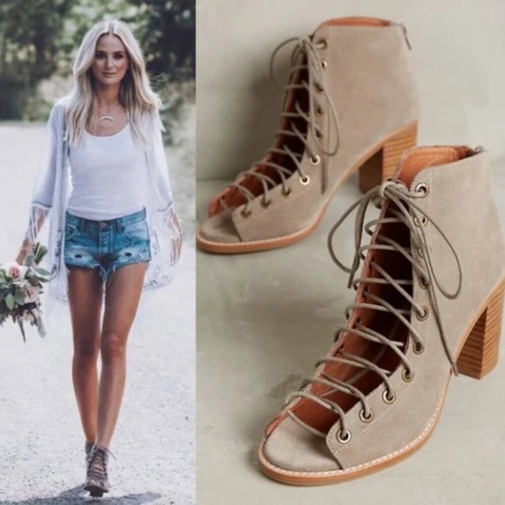 Jeffrey Campbell Taupe CORS Anthropologie Suede Leather PEEP TOE BOOTIES Sz 8.5